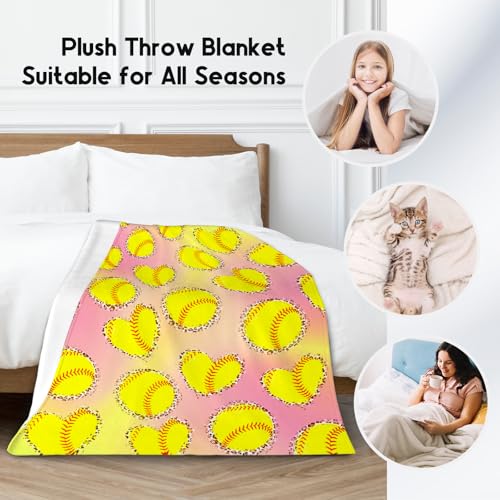 Softball Blanket, Cozy Soft Throw Gifts for Mens, Cool Pink Flannel Throw Blankets for Bed Couch, 60x80 Inches