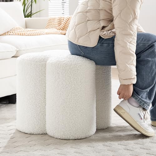 Image of Zesthouse Flower Pouf Ottomans Foot Rest Set of 2, Sherpa Fabric Poofy Ottomans Footstool for Couch Sofa, Modern Living Room Stool Seats for Hallway, Cute Square Vanity Stools for Bedroom Dorm, White