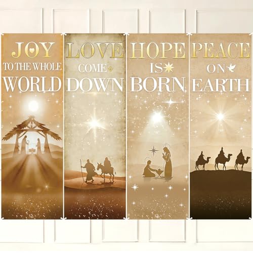 4Pcs Nativity Scene Church Banners Religious Christmas Wall Decor Large Fabric Scripture Hanging Backdrop for Sanctuary Sunday School Christian Home Porch Signs Joy Love Hope Peace 23.6 x 70.8