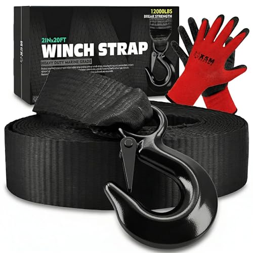 X5MPLXPMX Heavy-Duty Marine-Grade Boat Trailer Winch Strap Kit (2 x 20 12 000 lbs Break Strength) for PWC Pontoons & Fishing Boats Includes Forged Hook & Work Gloves Black