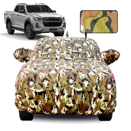 Image of Waterproof Car Body Cover for Isuzu D-Max with Mirror Pocket, Soft Cotton Lining, Triple Stitched, Full Bottom Elastic (Heat Resistant Jungle Print with Red Piping)
