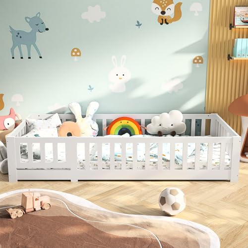 Yeutre Lit Enfant 90x200 cm Lit au Sol Enfant en Bois en Bois de Pin avec Protection Contre Les Chutes Cadre de lit...