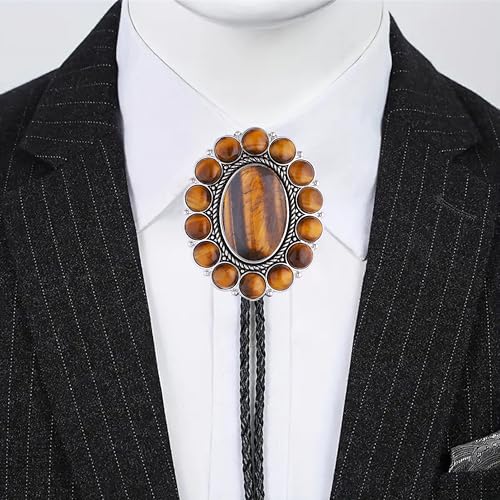 Image of GelConnie Bolo Tie for Men Women Western Cowboy Turquoise Leather Necktie | Natural Stone Bolo Tie Necklace for Women Rodeo Cowboy Leather Necktie Native American Western Cowgirl Ties Adjustable Cord