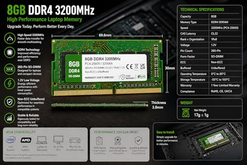 Image of 8GB DDR4 3200MHz OEM Laptop RAM Compatible with Samsung [Key Specs: PC4-25600 /3200AA | 260-Pin SO-DIMM | CL22 | 1Rx8 | 1.2V | Non-ECC] | 1 Year Seller Warranty