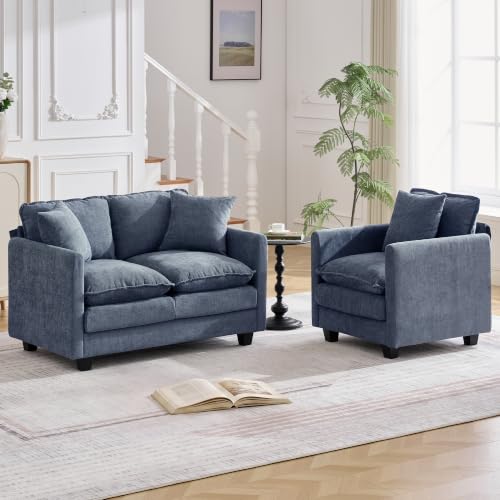 Image of Cloud 2 Pieces Sofa Set, 1+2 Seater Couch, Modern Sofas Sets with Deep Seat, Modular Sectional Couches Sets for Living Room, Bedroom, Small Apartment, Blue