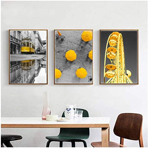 Affiche noir et blanc paysage urbain toile jaune grande roue 50x70cm