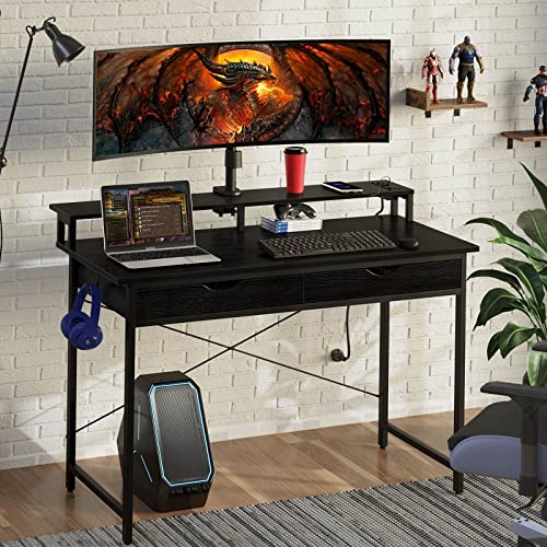 Rolanstar Computer Desk With 2 Drawers And Power Outlet, 47" Home Office Writing Desk With Monitor Stand, Workstation Table With Stable Metal Frame, Black #TOP6