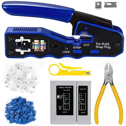 Greluma RJ45 Crimp Tool Kit Pass Through och Cat6 Cat6A Cat5 Cat5e Crimp Tool med 20st rj45 Cat6 Pass Through Connectors, 20st kåpor, 1 nätverkskabeltestare, 1 trådavdragare, 1 skärare