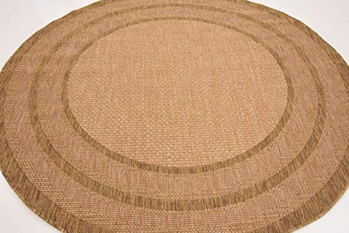 Unique Loom Outdoor Border Collection Area Rug - Multi Border (6' 1" Round, Tan/ Light Brown) #TOP3