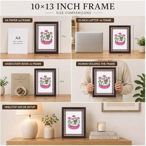 Image of PAPER PAJAMA Vastu Kamdhenu Cow and Calf Wall Art for Living Room | Madhubani Sacred Cow Painting with Lotus | Traditional Mithila Framed Decor for Home, Office & Pooja Room (10x13 Inches)