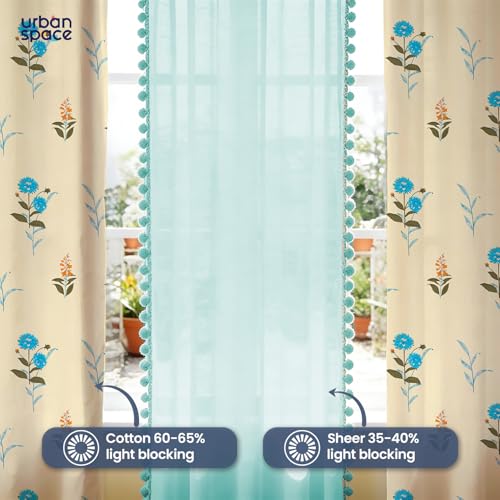 Image of Urban Space Printed 100% Cotton Curtain for Door, Cotton & Sheer Combo Set of 3 Curtains 7 Feet Long, Tieback & Eyelets Included with Curtains for Room Darkening (Coneflower Blue & Aqua pom pom)