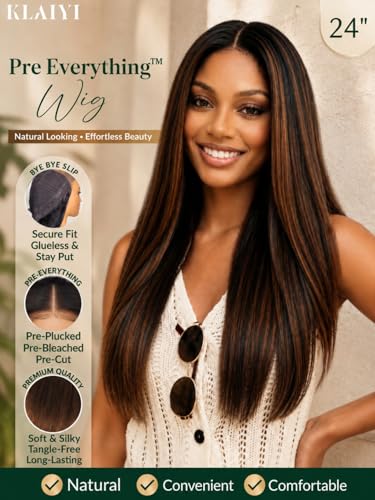Image of KLAIYI Bye Bye Slip Golden Brown Highlight Glueless Yaki Straight Precut 7x5 Lace Front Wigs Human Hair Drawstring Ombre Pre Plucked Bleached Knots 30S Ready to Wear and Go Wig with Dark Roots 24Inch