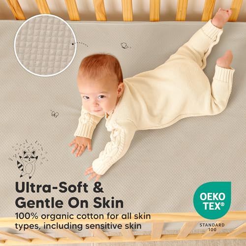 Image of 2-Pack Waterproof Crib Mattress Protector Cover Fitted - Quiet Baby Crib Mattress Pad Sheets, 52 inch x 28 inch Soft Quilted Cotton Baby Sheet, Machine Washable, Easy Fit, Durable (Ecru /Quin)