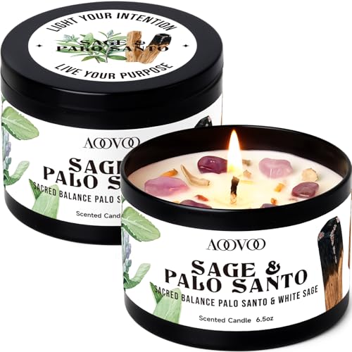 Image of AOOVOO 2 Pack Sage & Palo Santo Candles - Cleansing Candle with Crystals, Sage Leaves & Palo Santo Wood, 13oz 100 Hours Long Lasting, Non Toxic Candle for Spiritual Energy Cleansing Meditation Yoga
