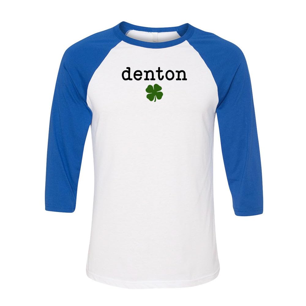 TeesAndTankYou Denton Shamrock Three-Quarter Raglan Sleeve Baseball Shirt Unisex Medium White/Royal
