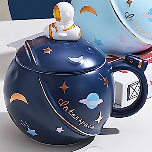 Image of BonZeal Birthday Gift for Boys Girls Ceramic Space Mug Blue Astronaut Mug Coffee Mug with Lid Birthday Gift for Kids Children Friends Return Gifts for Birthday Mugs for Coffee Mugs and Cups 400 ml