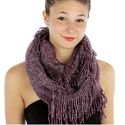 Festive Super Soft Metallic Knit Infinity Scarf with Fringe (Purple)
