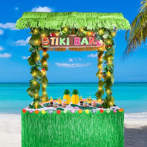 Auihiay 124PCS Tiki Bar Hut Kit, Portable Outdoor Tiki Bar Decor with Grass Table Skirt, Tablecloth, Flower Garland, and LED Lights for Hawaiian Luau Tropical Aloha Theme Party Decoration