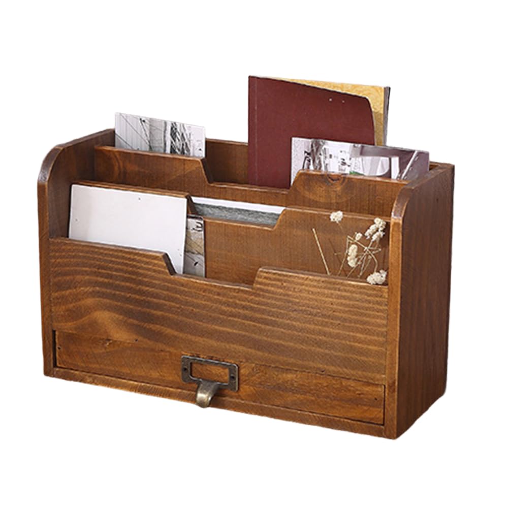 3 Tier Letter Rack With Drawer, Vintage Letter Holder, Wooden Desk Organiser, Desktop Storage For Home Study, Office, Pencil, Magazines, Papers, Documents — image 1