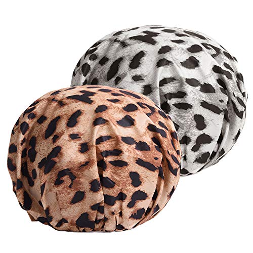 FAELBATY 2 Pack Shower Caps for Women Waterproof and Reusable Elastic Printed Shower Cap Beauty Salon Spa Shower Caps (leopard)