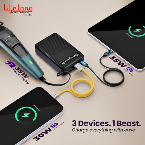 Image of Lifelong Electronics 20000mAH 35W Fast Charging Small Pocket Size Power Bank | Built-in 35W (1.5X Faster) Type-C Cable & Port | Flight Friendly | USB-A (30 W) Output Powerbank for iPhone, Android, Mac