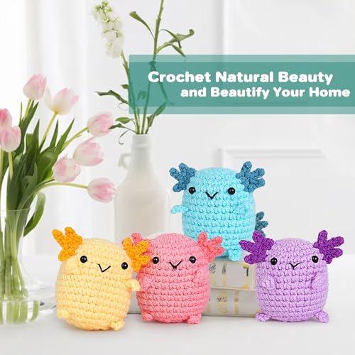 Image of Crochetta Crochet Kit for Beginners, Crochet Starter Kit w Step-by-Step Video Tutorials, Beginner Crochet Kit for Adults Kids Women Men Complete Kit Included (4 Mini Axolotls)