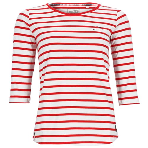 modAS Damen Bretonisches Shirt mit 3/4-Arm und Rundhals - Shirt mit Streifen aus Baumwolle in Weiß-Rot Größe 48