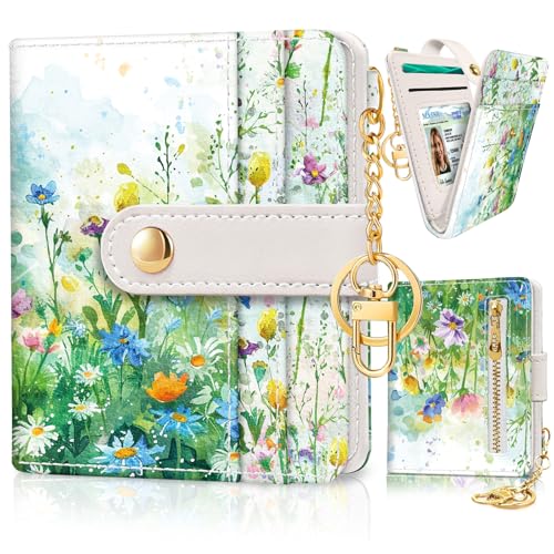 Image of Jogjam Floral Green Rfid Ladies Wallet, Small Slim Thin Compact Credit Card Women Wallet, Spring Flowers PU Leather Bifold Cash Zipper Coin Pocket ID Window for Female