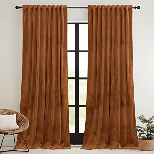 Image of RYB HOME Burnt Orange Fall Velvet Curtains for Living Room 84 inches Long | Thermal Insulated, Privacy UV Block, Noise Reducing, Energy Saving, Luxury Vintage Retro Window Decor, W52 x L84, 2 Panels