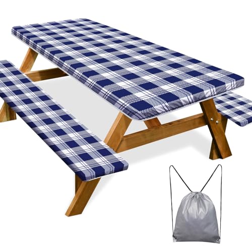 Picnic Table Cover with Bench Covers Camping Essentials Waterproof Windproof Camping Tablecloth with Drawstring Bag, Fitted Rectangle Tables and Seats, 72in, Blue Checkered