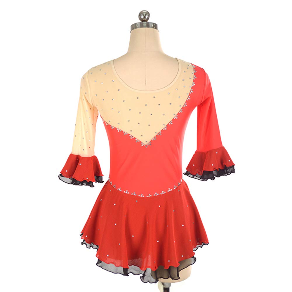 Ice Figure Skating Dress for Girls Ladies Long-Sleeved Beaded Roller Skating Skirt Two-Color Stitching Pattern Red
