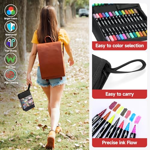 Acrylfarben-Marker, 120 Farben, Doppelspitze, Acrylstifte mit Pinsel und feiner Spitze für Steinmalerei, Glas, Holz, Keramik, Leinwand, Stein, lebendige Farben, ideal für Künstler, Bastler
