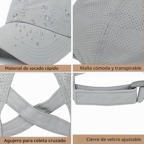 Miniatura 3 de Gorra De Béisbol Mujer Cola De Caballo,Ponycap De High Messy Bun,Verano Transpirable Gorra Secado Rápido Del Deporte,Ajustable Buckle,Malla Transpirable Casuales Gris Claro
