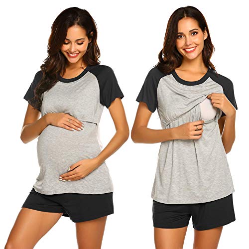 MAXMODA Pijama de Lactancia para Señoras Conjunto de Pijama de Cuello Redondo Ropa de Noche de Lactancia Modelo de Verano para el Embarazo Negro S Cover
