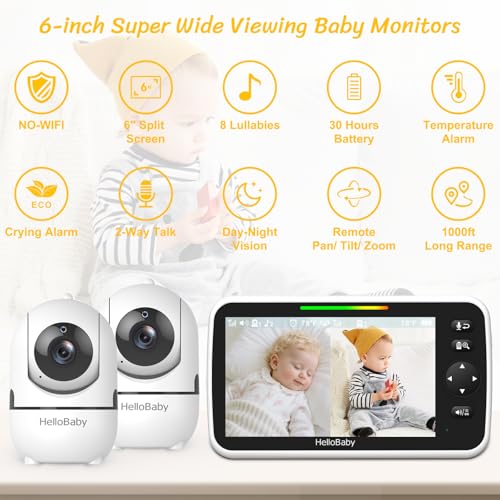 Image of HelloBaby 6 inch Split Screen No WiFi Baby Monitor 2 Cameras & Audio, 30H ECO | Private No-WiFi, 2-Room Monitoring, Night Vision, Easy Setup, 1000ft, PTZ, VOX, ECO, 2-Way Talk, Time, Parents & Caregivers