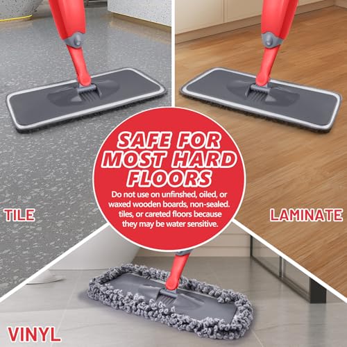Image of HOMTOYOU Dust Mop for Hardwood Floors: Microfiber Spray Mop for Cleaning | 3 Pcs Washable Reusable Pads, 1Pcs 400+ML Refillable Bottle, 360-Degree Swivel Mop, Red & Gray