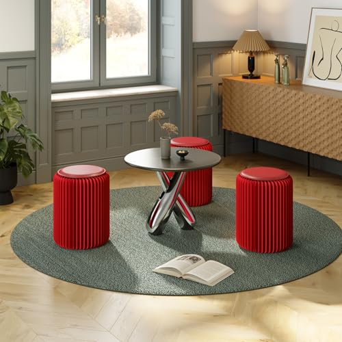 Image of 17 Inch Folding Stool 660lb Foldable Paper Stool, Eco-Friendly Kraft Paper Honeycomb Design Home Furniture Modern, Foldable to 1.2 Inch Round Foot Stool for Living Dining Room (Red)