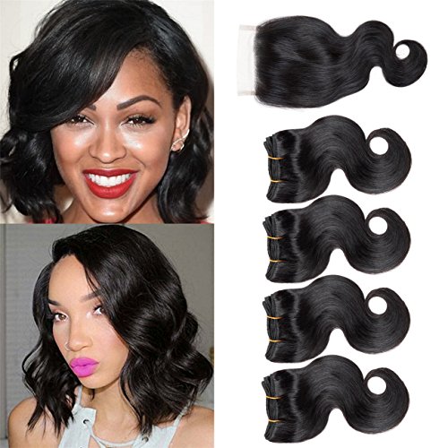 AMELI Body Wave 4 Bundles With Closure Short Human Hair Weave Bundles With Free Part Lace Closure 8A Brazilian Hair 8 inch Natural Color (8 8 8 8+8 closure)