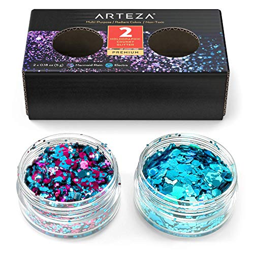 Arteza Chunky Glitter, Set of 2 Colors, 5 g Jars, Holographic Glitter in Mermaid Rain and Electra Tones, Art Supplies for DIY Craft Projects