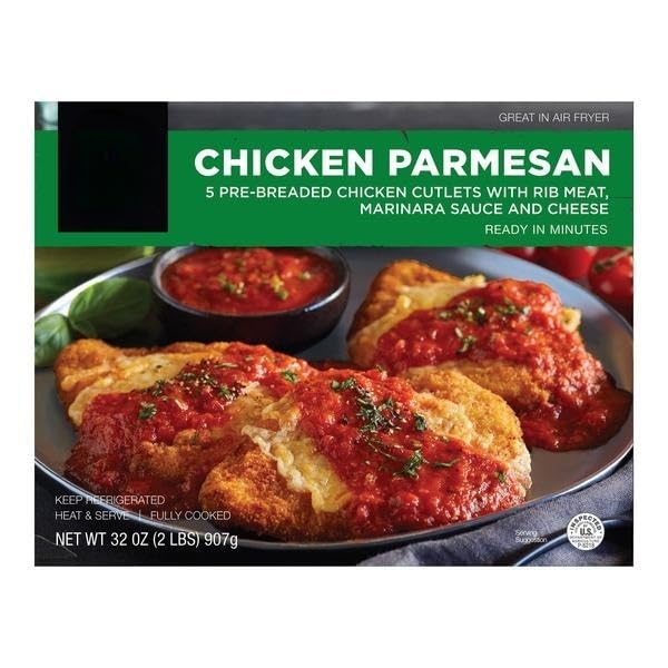Breaded Chicken Parmesan, 5 Pre-Breaded Chicken Cutlets with Rib Meat, Marinara Sauce and Cheese. Made in USA. [ 32 oz, 2 lb ]