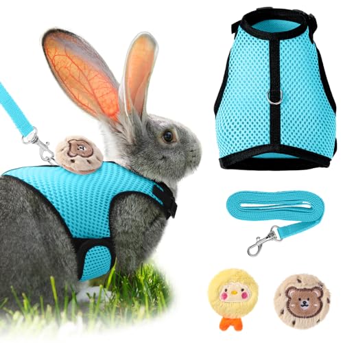 Rabbit Harness and Leash Set with 2 Cute Decorations Bunny Clothes Adjustable Buckle Breathable Mesh Vest Harness for Rabbits Ferret Small Pig Puppy Walking Supplies(Light Blue,Lively Pattern)