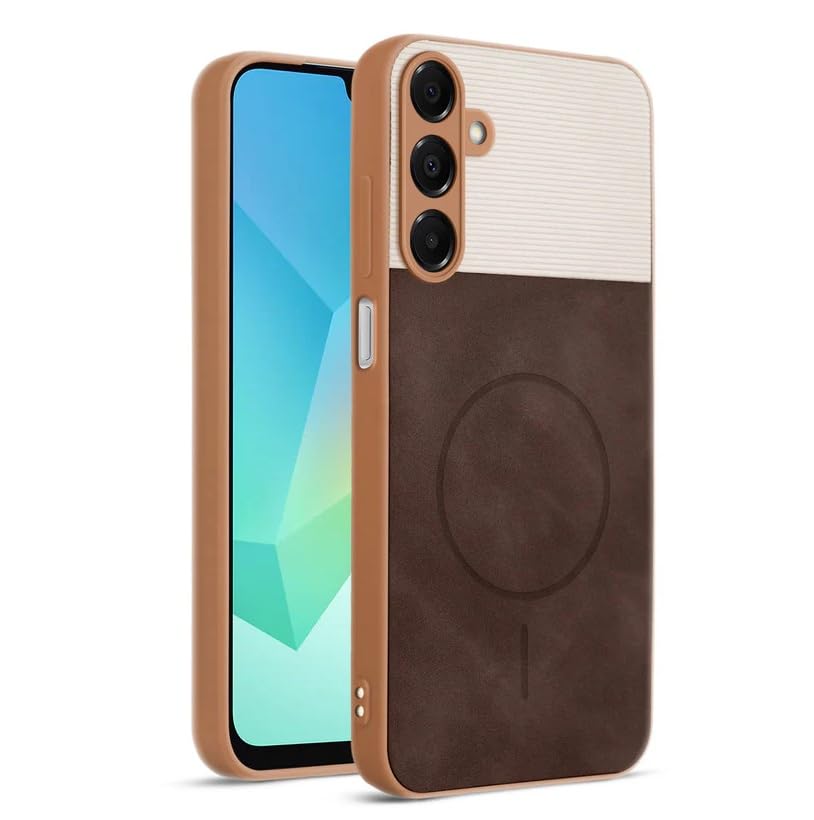Image of Bintage CASE Mac Safe Design Hard Light Weight Back Case | Soft Border Camera Protect | Dual PU Leather Finish Back Cover Compatible for Samsung Galaxy A16 5G - White & Cherry Brown