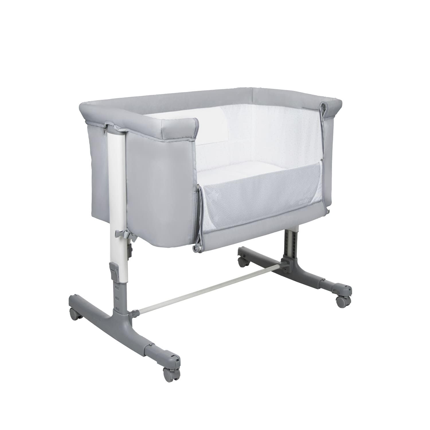Asalvo Calm Minicuna para Bebé con Sistema de Fijación a la Cama, Colchón con Funda, Altura Ajustable y Laterales Ventilados, Minicuna Colecho Dormir Cerca del Bebé, Desde 0 Meses hasta 9 kg, Gris