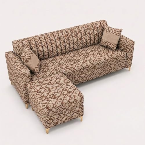 Image of FURNY Signature Regalia 4-Seater L-Shape Sofa Set with Movable Ottoman | Flexible LHS /RHS Layout | Tapestry Fabric | 40D Foam + Zigzag Spring | 3-Yr Warranty (Sienna Mosaic Brown)
