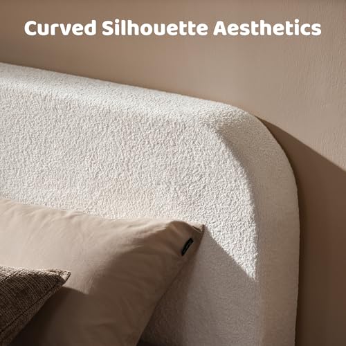 Image of RECCI Airframe Bread Queen Curved Cloud Platform Bed Frame | Fully Cushioned Foam Rectangular Panels and Rounded Headboard, Easy to Assembly, Cream Plush Velvet for Aesthetic Bedrooms