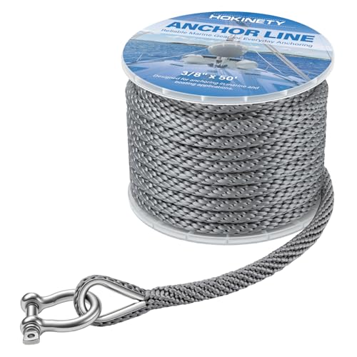 HOKINETY Boat Anchor Rope 3/8 Inch x 50FT - Marine Grade Anchor Line Premium Solid Braid MFP Dock Line with Stainless Steel Thimble & Shackle for Boat Kayak Dock Boating Accessories - Gray