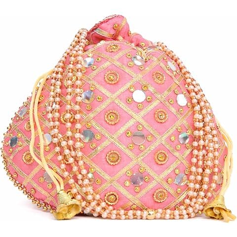KSR Embroidered Potli Handbag Without Belt, Silk, Multicolour, Mirror Work with Pearl Beaded Handle, Bridal Wedding Ethnic Festive-image-46