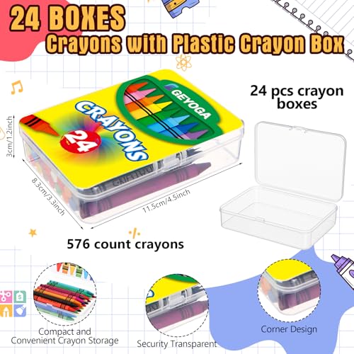 Image of Geyoga 24 Set /576 Pcs 24 Colors Plastic Crayon Boxes with Crayon Bulk | 4.5 x 3.3 x 1.2 Inches Crayon Organizer Case, Stackable Crayon Storage with Name Tags, Back to School Essentials Party Favors