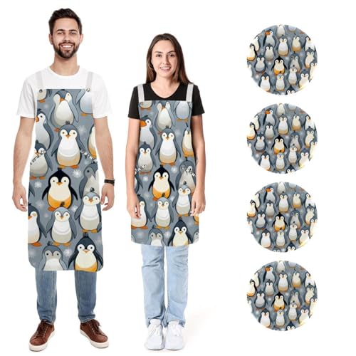Tablier en lin motif pingouin lot de 2 avec poches reglables tailles L et M