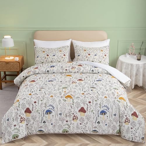 SOULZZZ Mushroom Comforter Set 3 Piece, Colorful Queen Bedding With Plants and Flowers, Aesthetic Cute Room Decor for Kids Adults Boys Girls, Queen, Cream